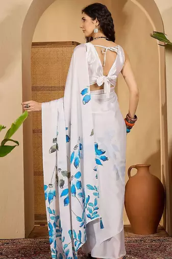 White floral printed saree with unstitched blouse