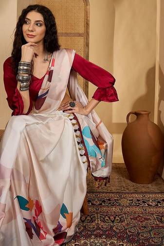 Off white floral printed saree with unstitched blouse
