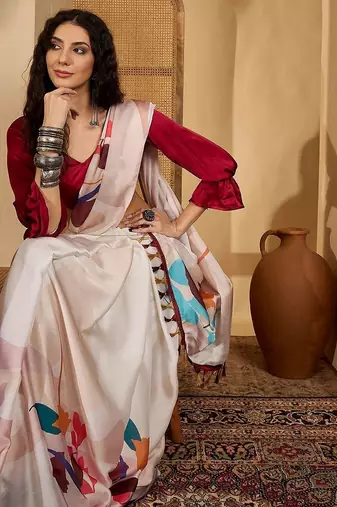 Off white floral printed saree with unstitched blouse