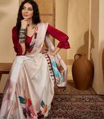Off white floral printed saree with unstitched blouse