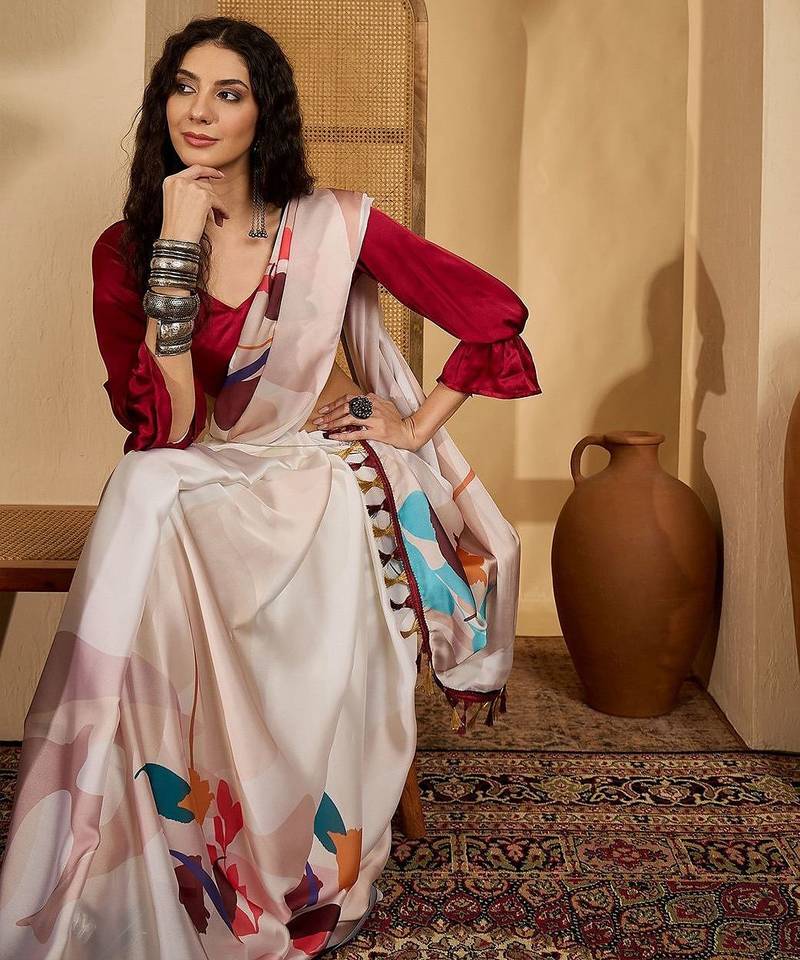 Off white floral printed saree with unstitched blouse