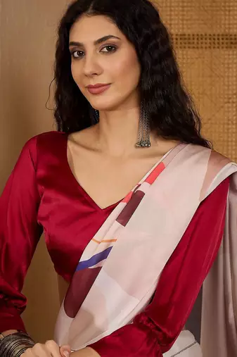 Off white floral printed saree with unstitched blouse