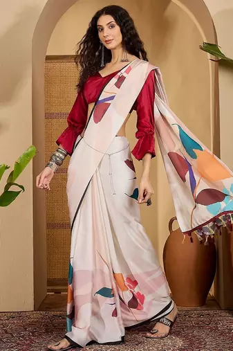 Off white floral printed saree with unstitched blouse