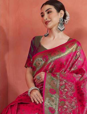 Pink woven design zari saree with unstitched blouse 1