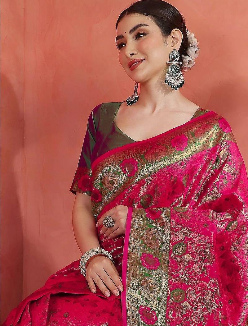 Pink woven design zari saree with unstitched blouse