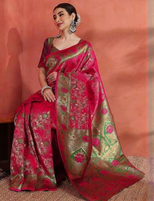Pink woven design zari saree with unstitched blouse 3