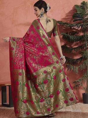 Pink woven design zari saree with unstitched blouse 4