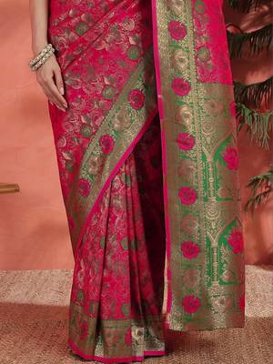 Pink woven design zari saree with unstitched blouse 5