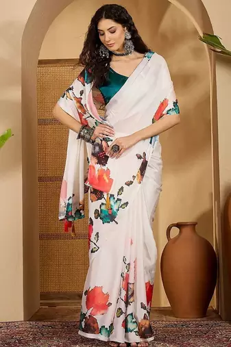 White floral printed saree with unstitched blouse