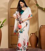 White floral printed saree with unstitched blouse