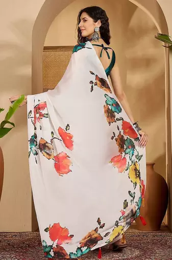White floral printed saree with unstitched blouse