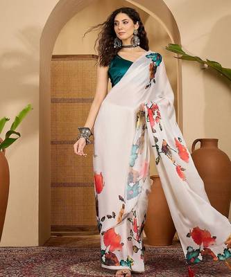 White floral printed saree with unstitched blouse 4
