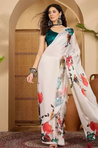 White floral printed saree with unstitched blouse