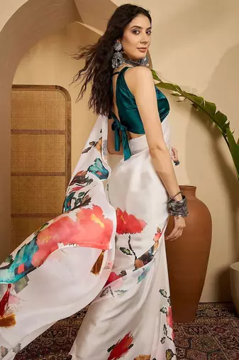 White floral printed saree with unstitched blouse
