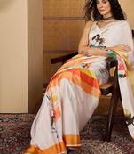 White ethnic motifs printed saree with unstitched blouse piece