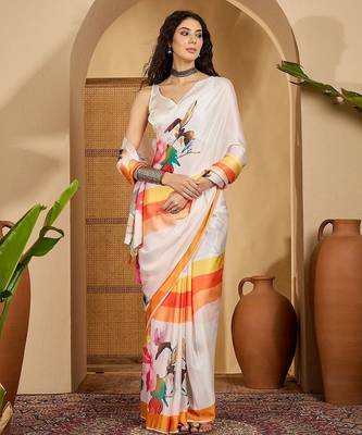 White ethnic motifs printed saree with unstitched blouse piece 3