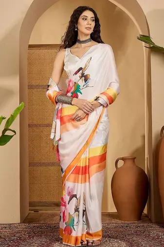 White ethnic motifs printed saree with unstitched blouse piece