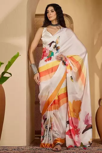 White ethnic motifs printed saree with unstitched blouse piece