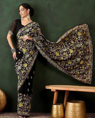 Black floral embroidered saree with blouse piece 1