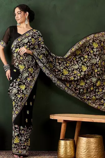 Black floral embroidered saree with blouse piece