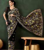 Black floral embroidered saree with blouse piece