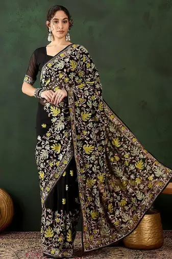 Black floral embroidered saree with blouse piece