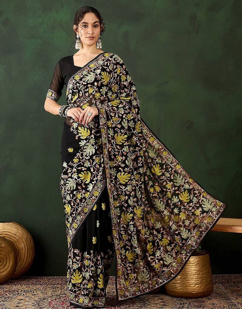 Black floral embroidered saree with blouse piece