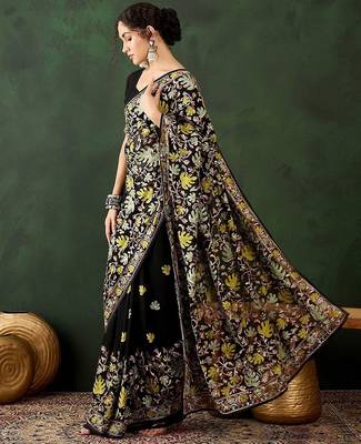 Black floral embroidered saree with blouse piece 3