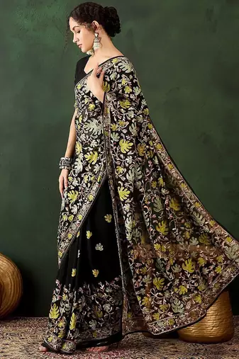 Black floral embroidered saree with blouse piece