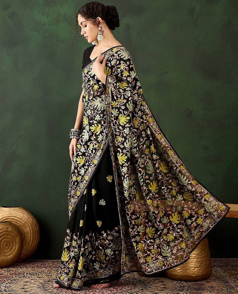 Black floral embroidered saree with blouse piece