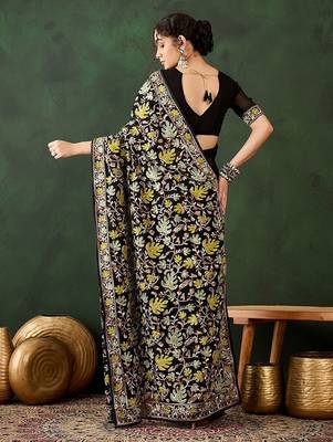 Black floral embroidered saree with blouse piece 4