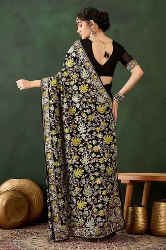Black floral embroidered saree with blouse piece