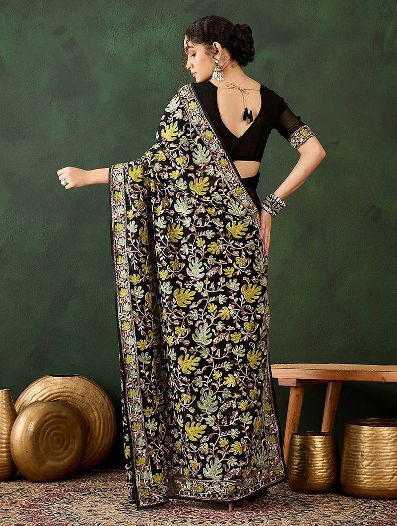 Black floral embroidered saree with blouse piece