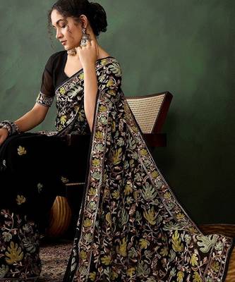 Black floral embroidered saree with blouse piece 5