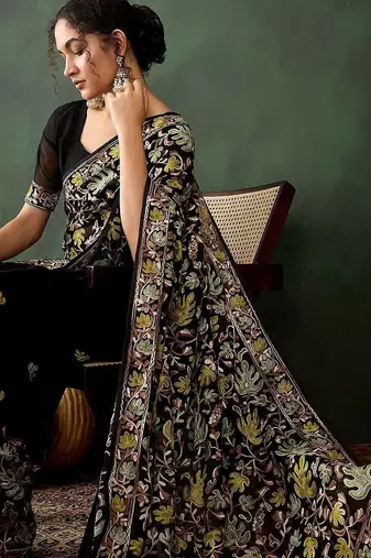 Black floral embroidered saree with blouse piece