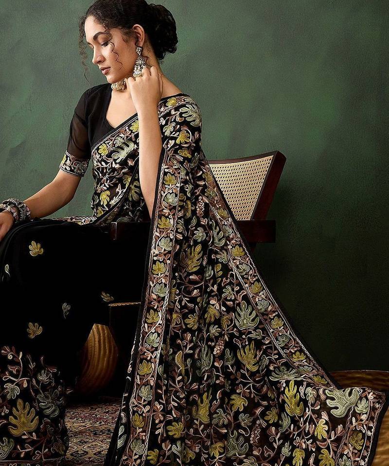 Black floral embroidered saree with blouse piece