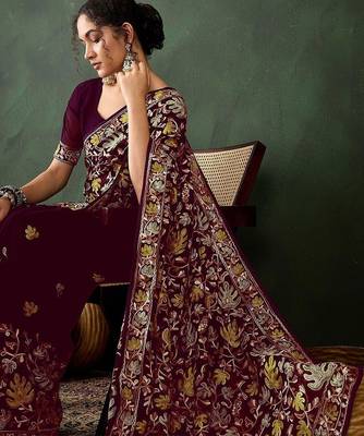 Burgundy embroidered saree with blouse piece 1