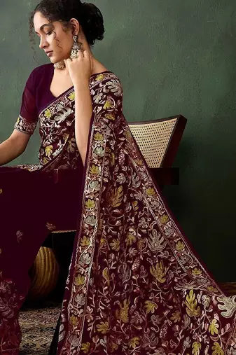 Burgundy embroidered saree with blouse piece