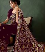 Burgundy embroidered saree with blouse piece