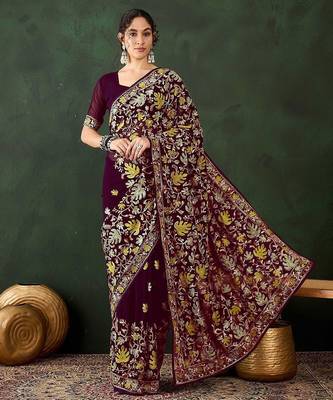 Burgundy embroidered saree with blouse piece 2