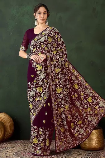 Burgundy embroidered saree with blouse piece