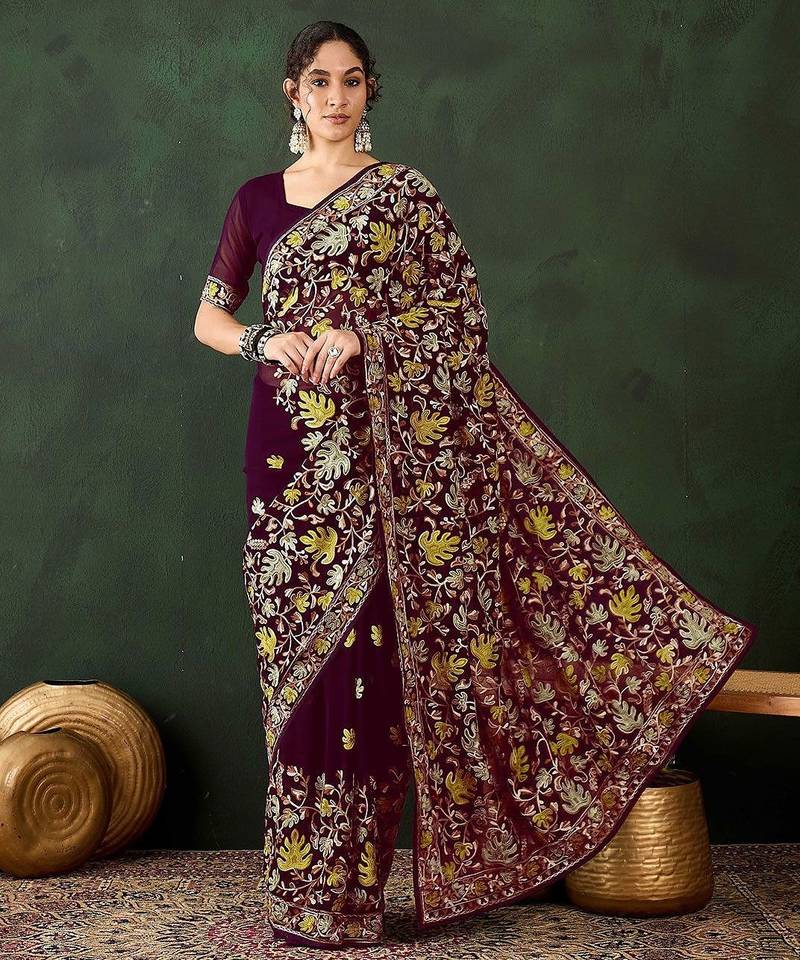 Burgundy embroidered saree with blouse piece