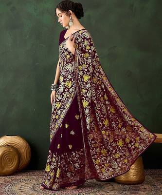 Burgundy embroidered saree with blouse piece 3