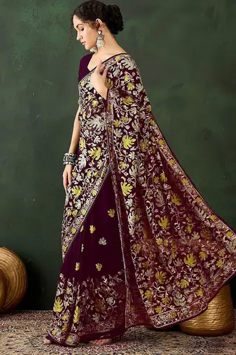 Burgundy embroidered saree with blouse piece