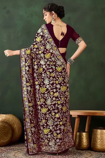 Burgundy embroidered saree with blouse piece
