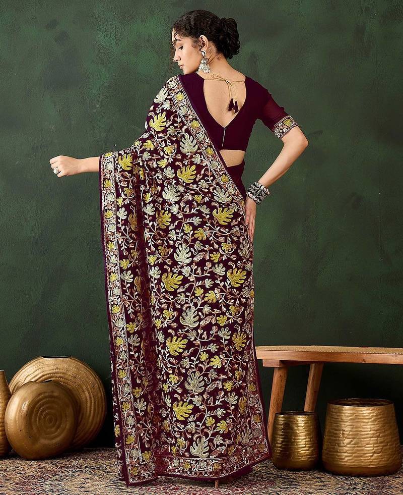 Burgundy embroidered saree with blouse piece
