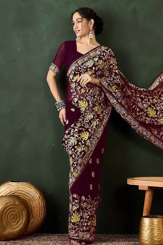 Burgundy embroidered saree with blouse piece