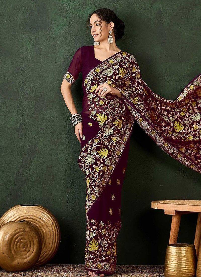 Burgundy embroidered saree with blouse piece
