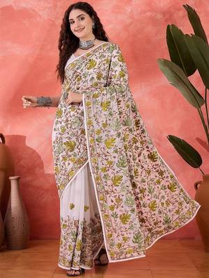 White embroidered saree with blouse piece 1