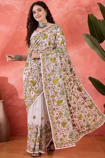 White embroidered saree with blouse piece